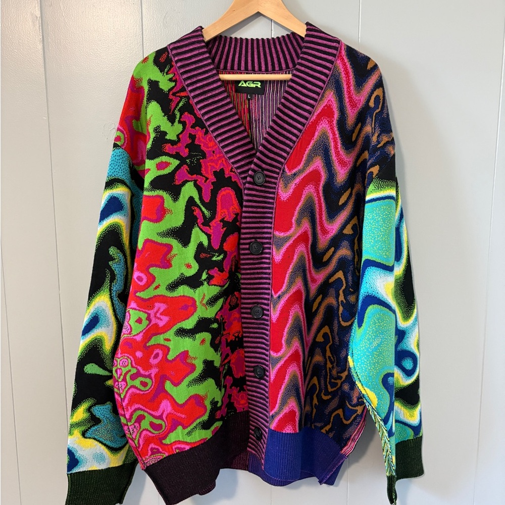 AGR Knit Cherish Psychedelic Panelled Cardigan Merino Wool Rave Sweater Large - Picture 2 of 15